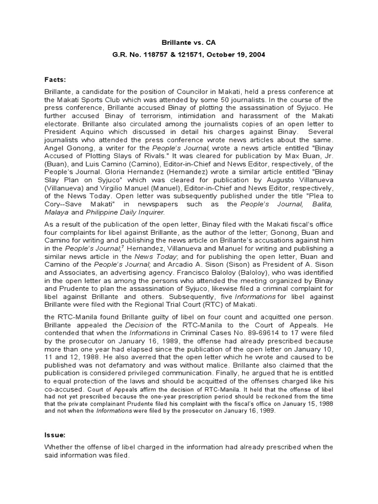Brillante vs. CA Download Free PDF Statute Of Limitations Defamation