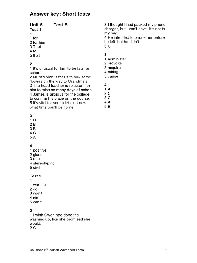 Unit 5 Short Test Answer Key | PDF