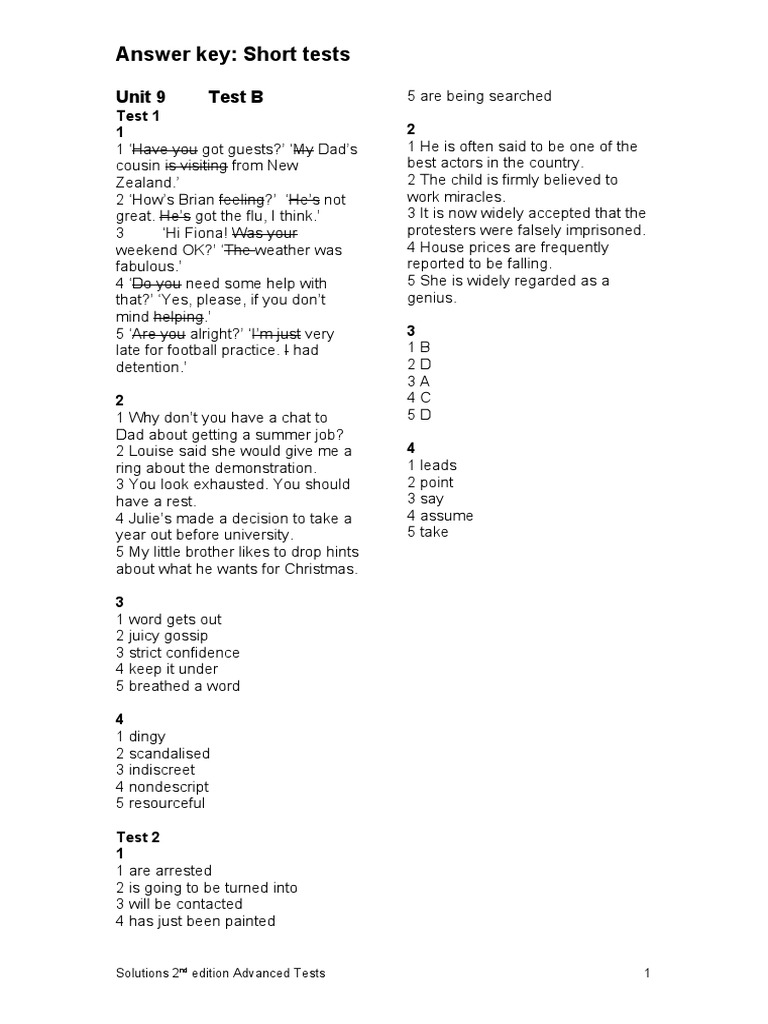 Unit 9 Short Test Answer Key | PDF