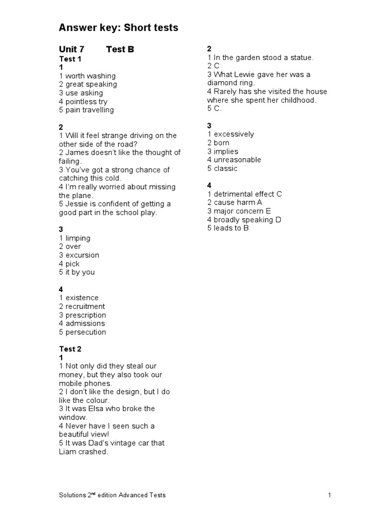 Unit 7 Short Test Answer Key | PDF
