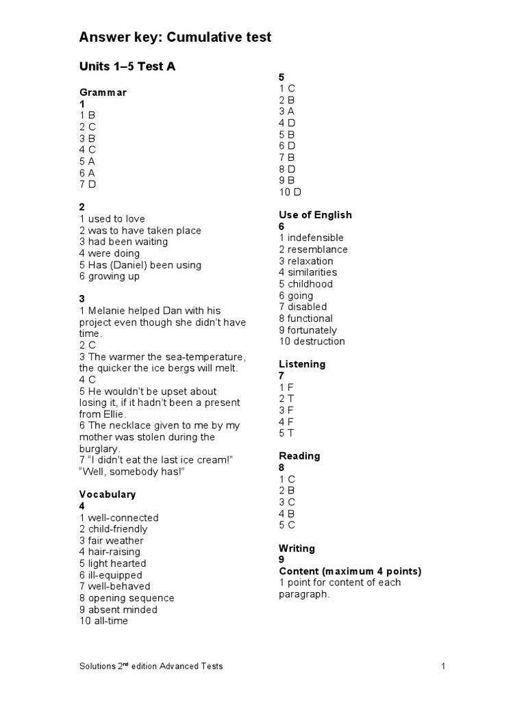 Cumulative Test Answer Key Units 1-5 | PDF | Linguistics | Cognition