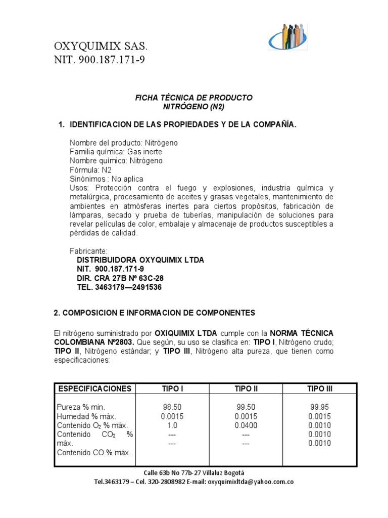 Ficha Tecnica Nitrogeno | PDF | Nitrógeno | Oxígeno