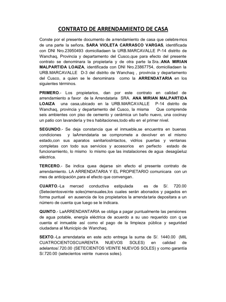 Contrato de Arrendamiento de Casa