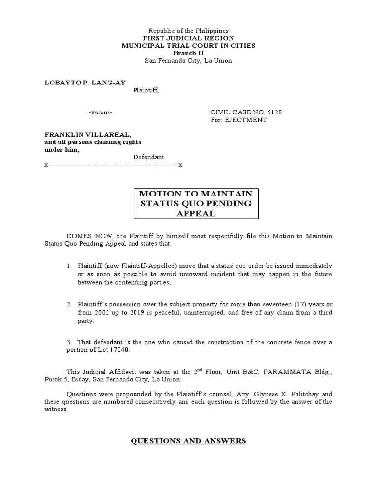 Motion To Maintain Status Quo PDF Affidavit Perjury
