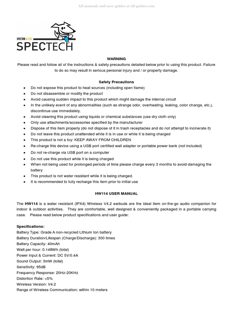 Spectech hw114 | PDF | Headphones | Rechargeable Battery