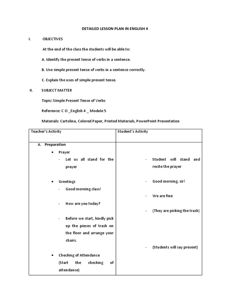 Grade 4 Simple Present Tense Lesson Plan | PDF | Verb | Grammatical Tense