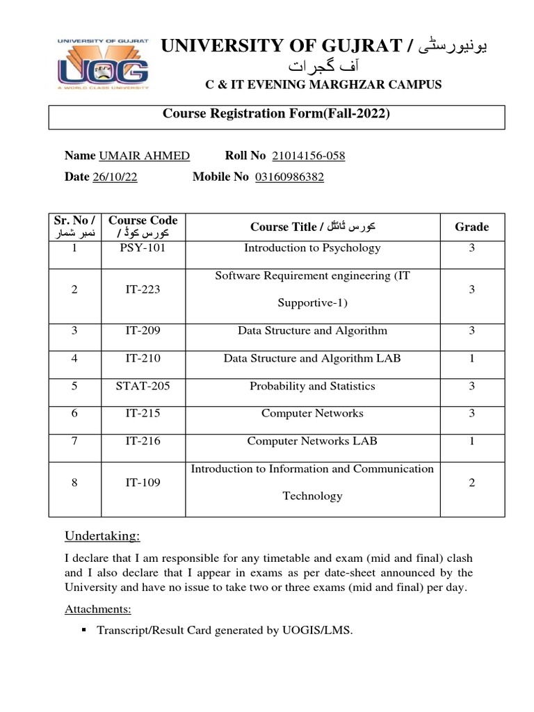 Course Registration Form For Repeaters PDF