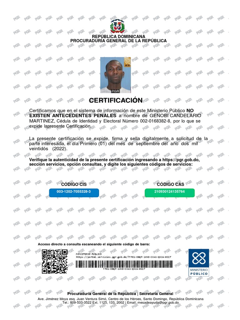Certificación de no antecedentes penales emitida por la Procuraduría ...