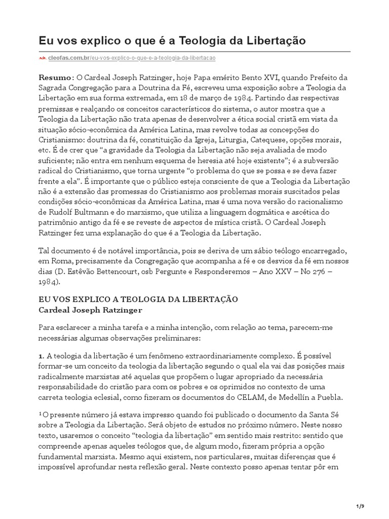 Ratzinger. Eu Vos Explico o Que É A Teologia Da Libertação | PDF ...