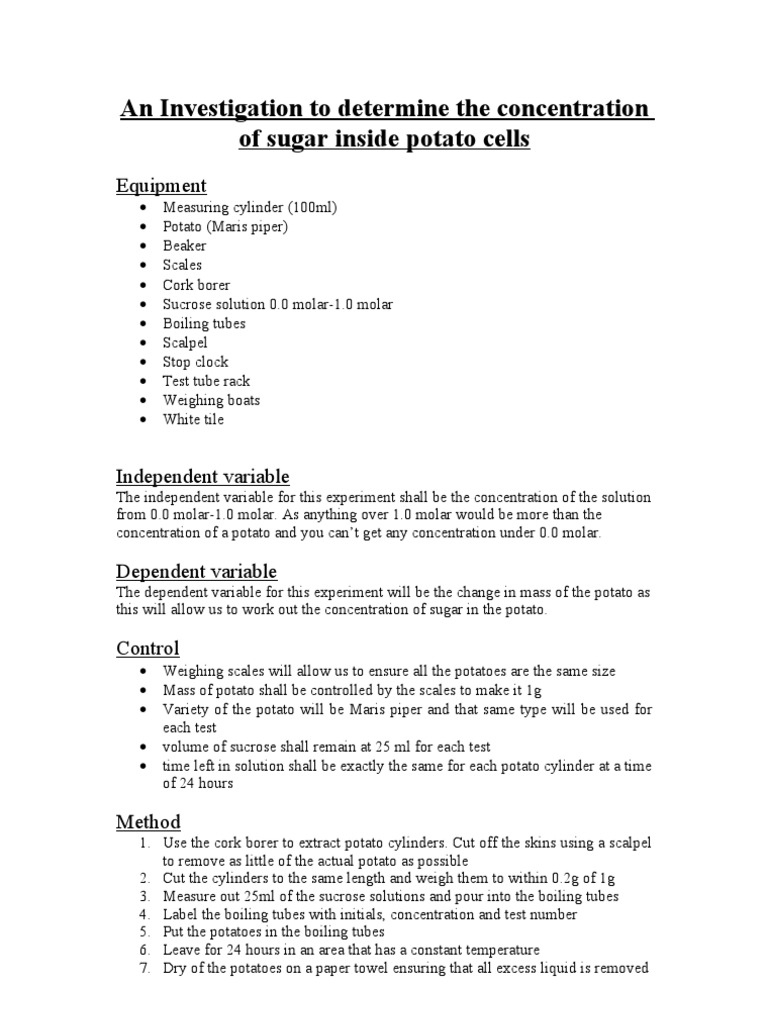 An Investigation To Determine The Concentration of Sugar Inside Potato