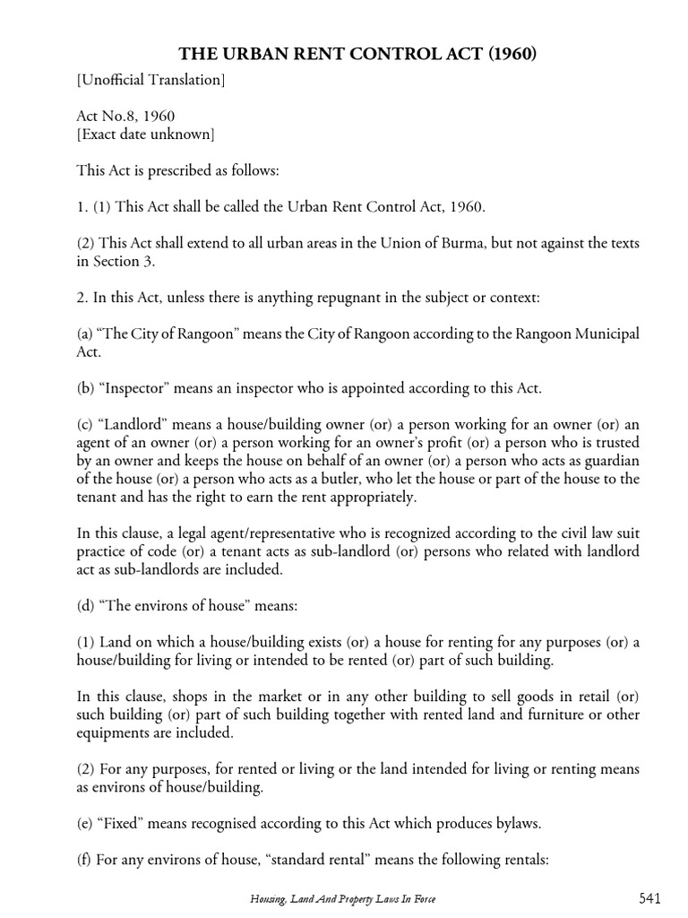 The Urban Rent Control Act, 1960 PDF Landlord Renting