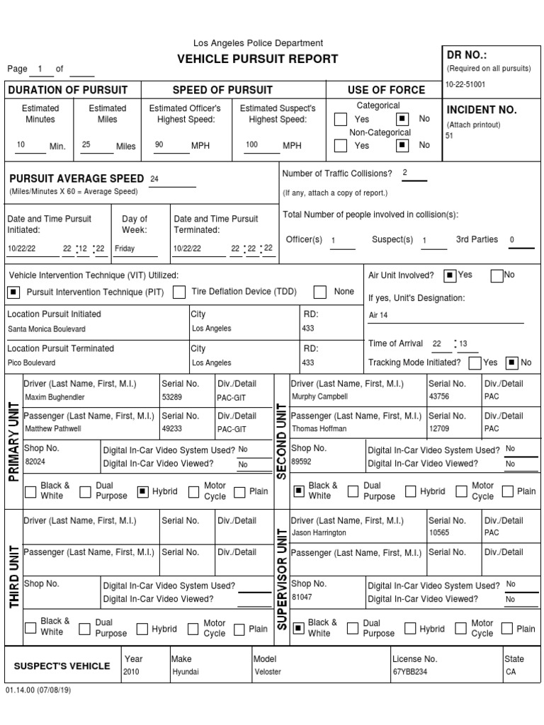 Vehicle Pursuit Report, Form 01.14.00 PDF Arrest Traffic Collision