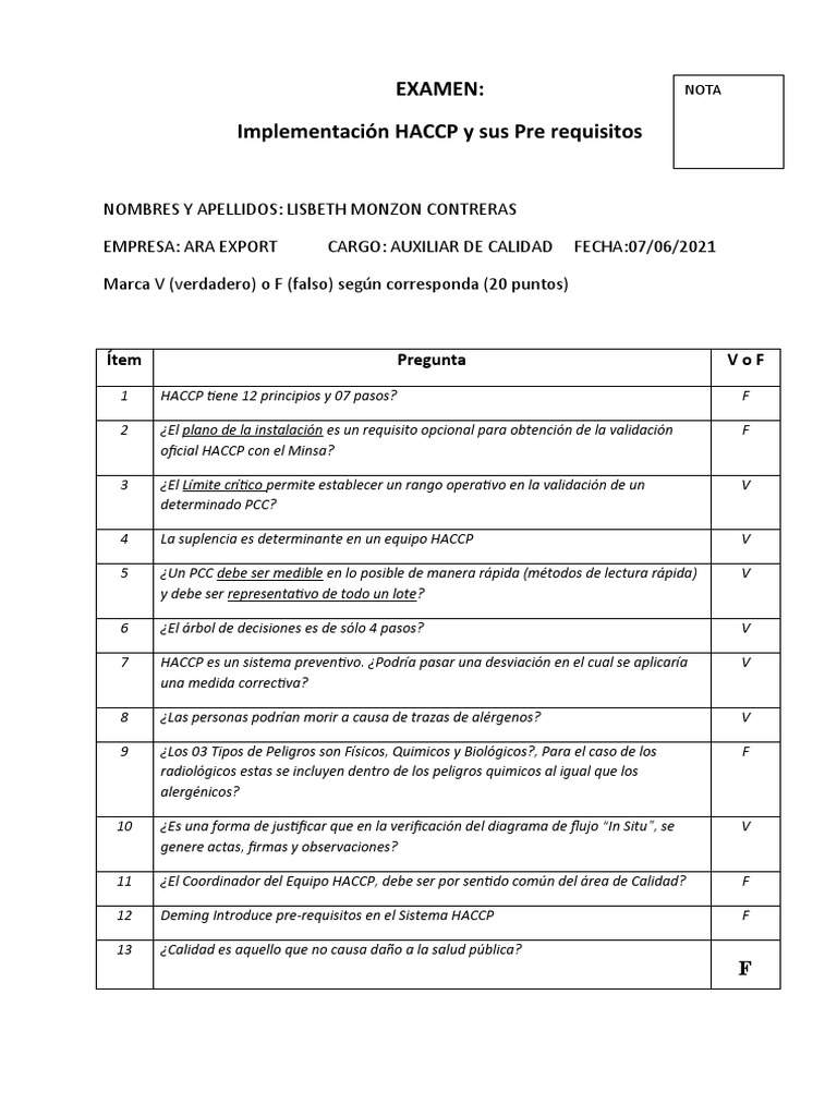 Examen Haccp PDF Análisis de Riesgo y Puntos Críticos de Control