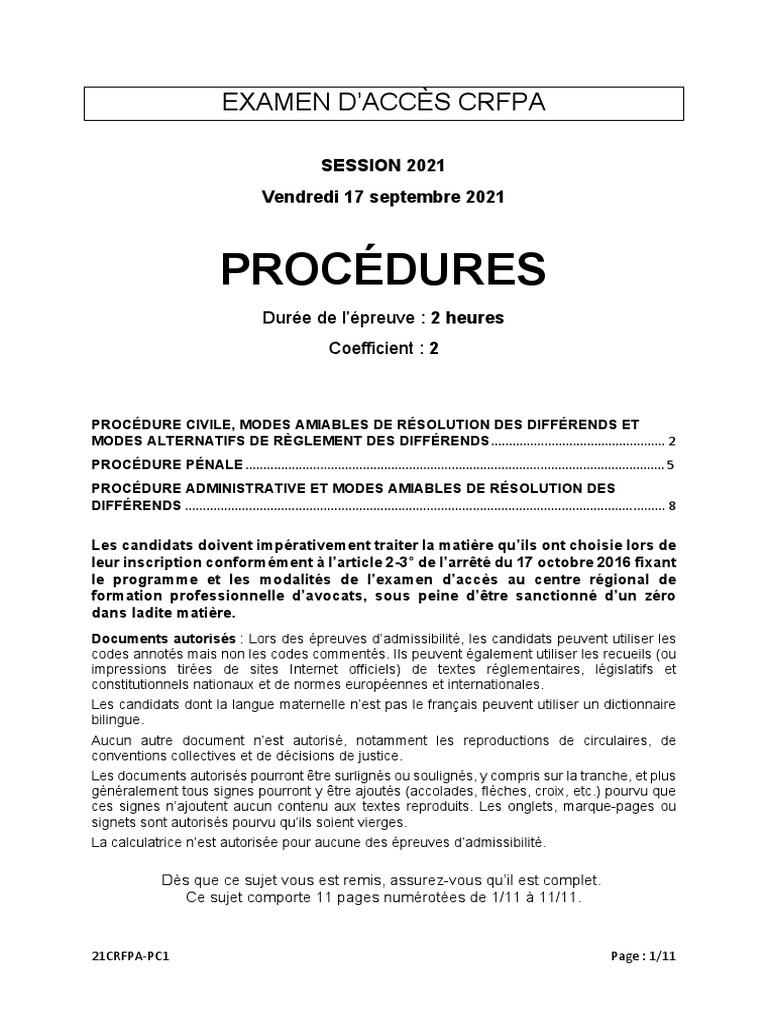 Examen CRFPA : Procédures 2021 | PDF | Justice | Crime et violence