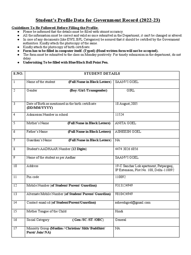 UDISE Plus Student Profile Guidelines | PDF | Disability