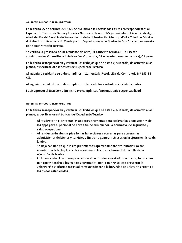 Inspección de Obra en Villa Toledo | PDF | Tecnología