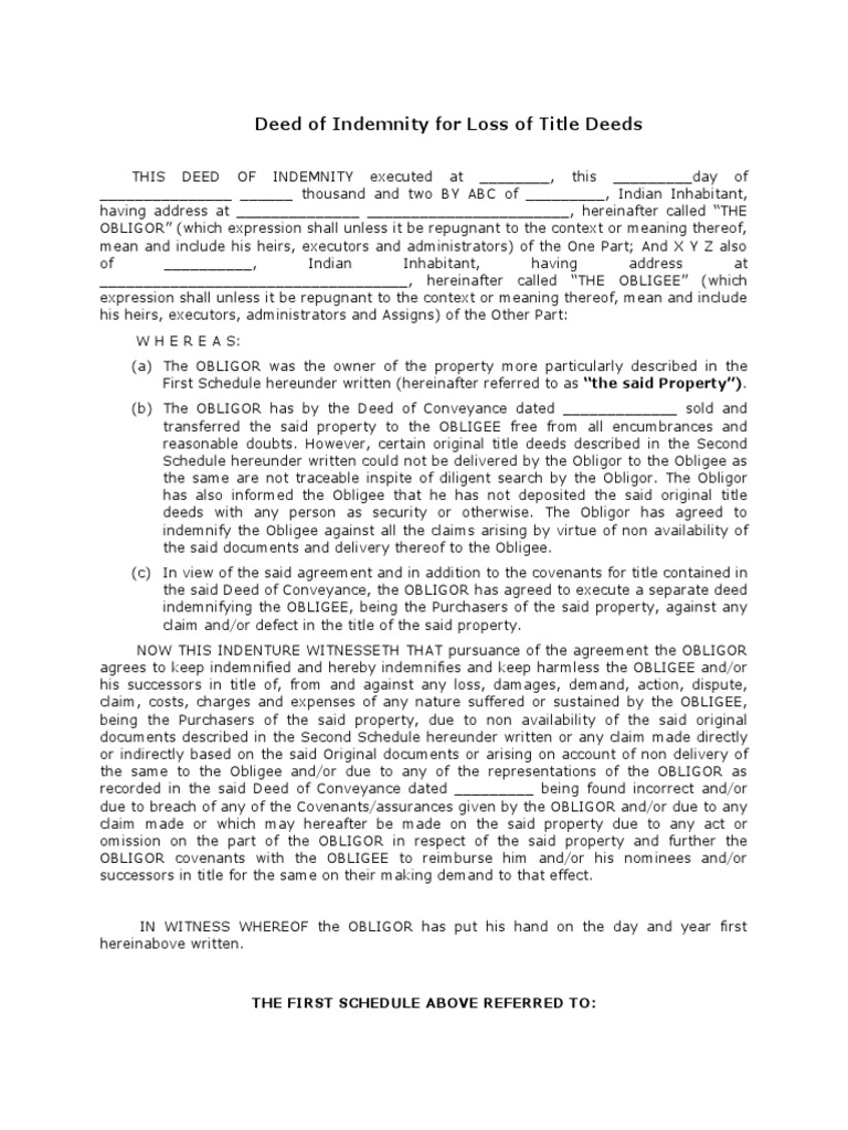 Deed of Indemnity For Loss of Title Deeds PDF Deed Indemnity