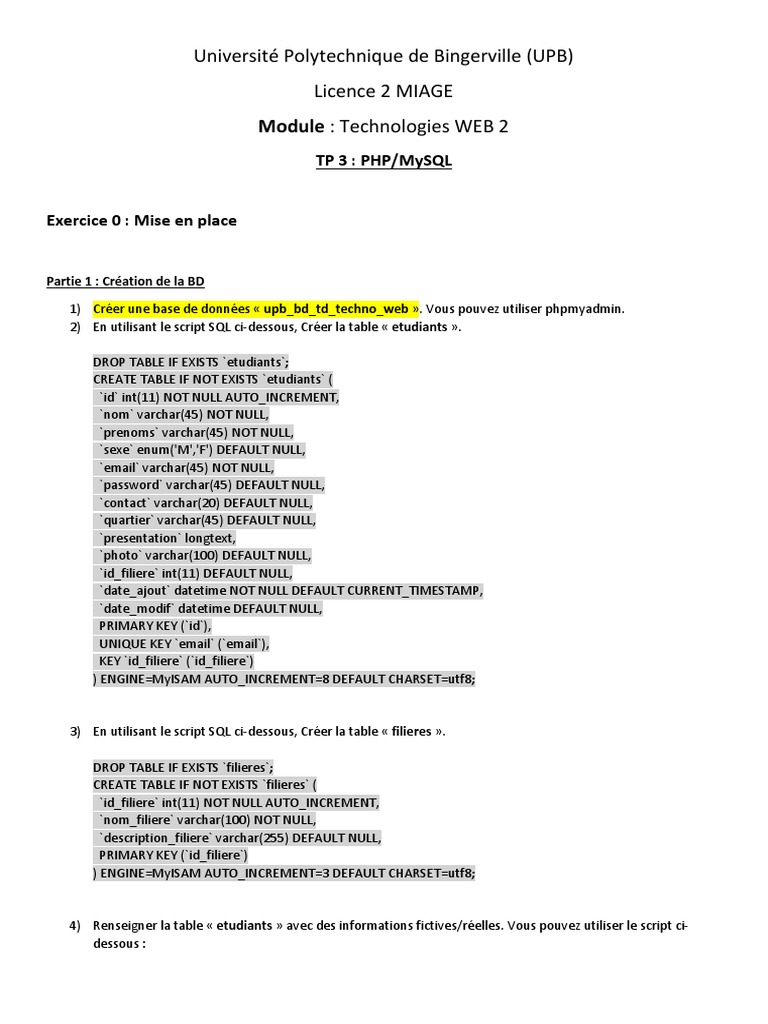 TP PHP/MySQL : Gestion Étudiants UPB | PDF | PHP | MySQL