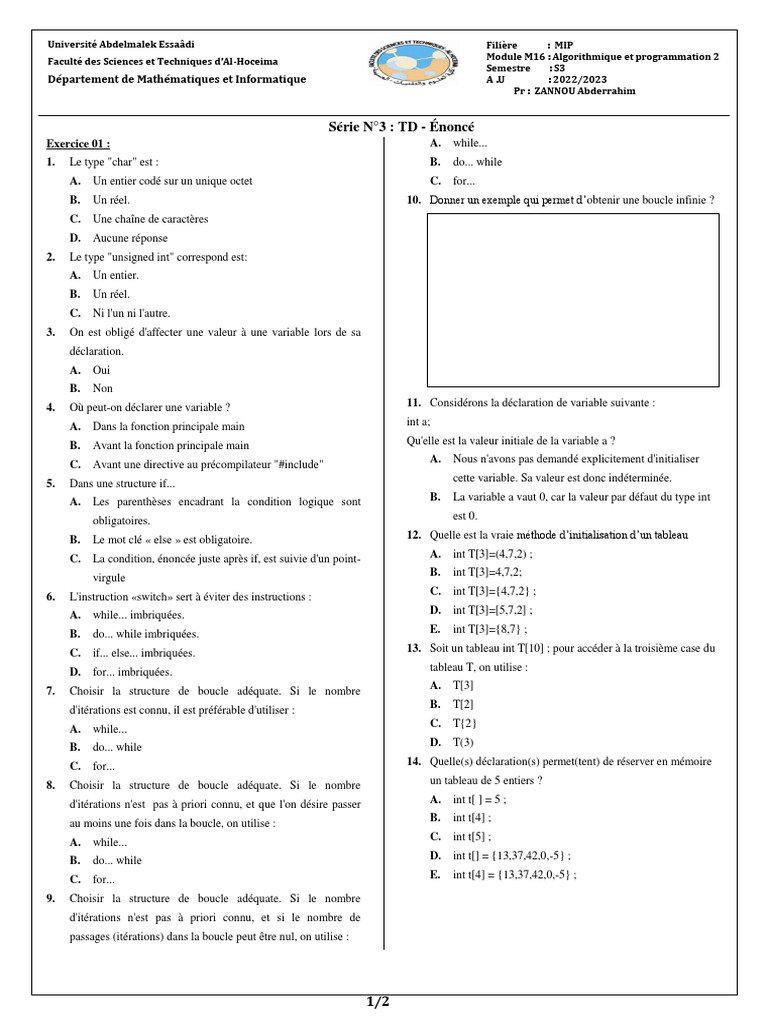 Exercice de Programmation C : Types et Boucles | PDF | Structure de ...