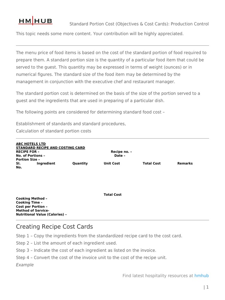 Standard Portion Cost (Objectives & Cost Cards) Production Control