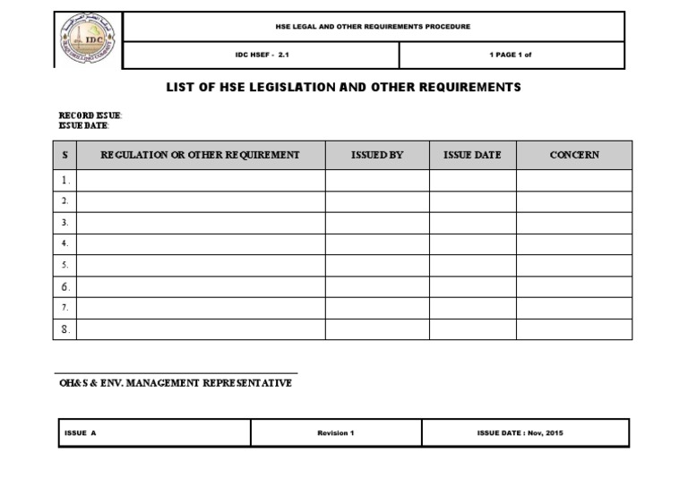 HSE Legislation and Requirements List | PDF