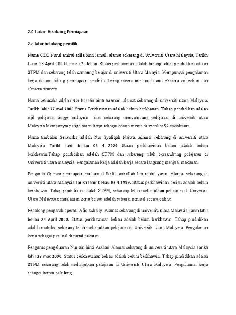 2.0 Latar Belakang Perniagaan | PDF