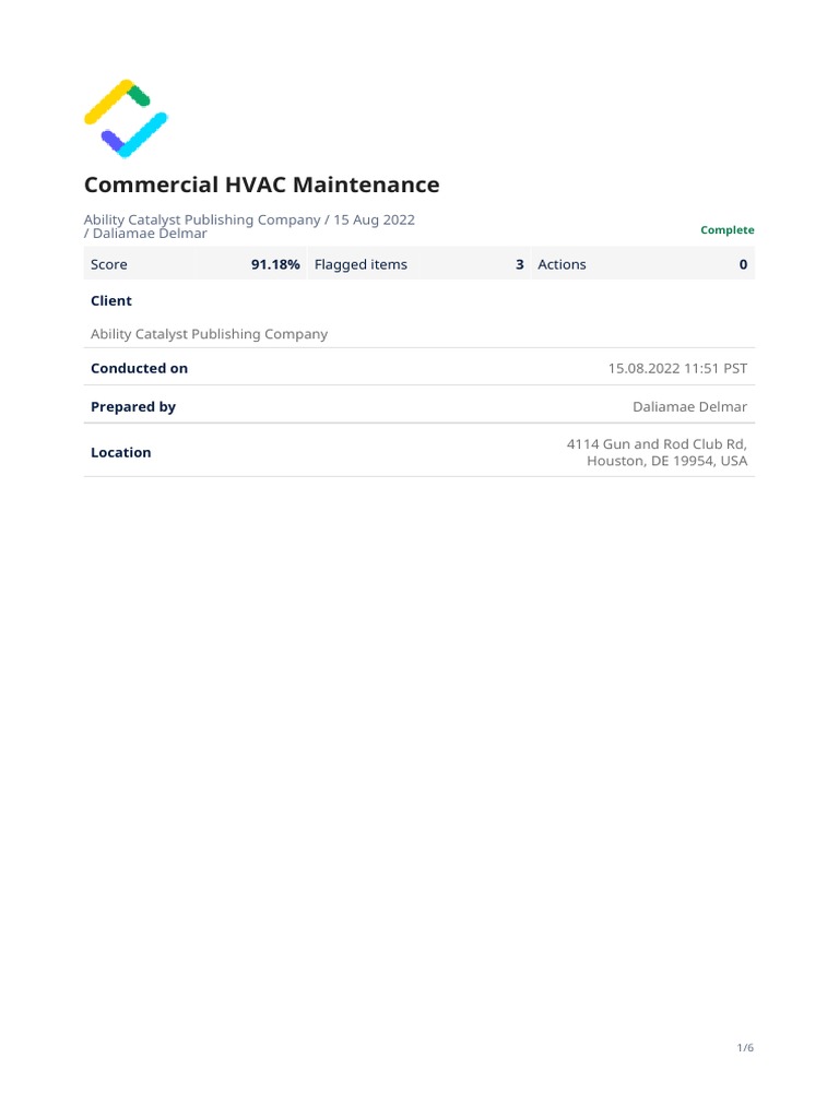 Commercial HVAC Maintenance PDF Report PDF Thermostat Applied And