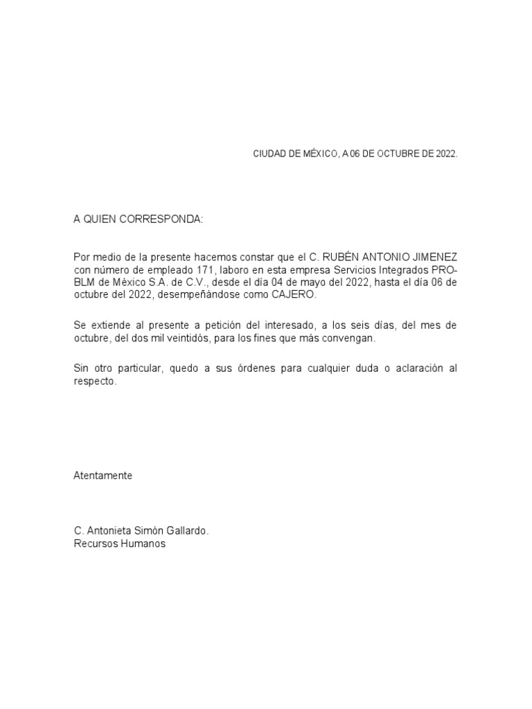 Constancia laboral de Rubén Jiménez | PDF