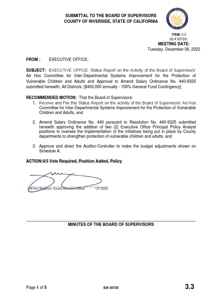 Memo To Riverside County Supervisors On Improvements To Child and Adult