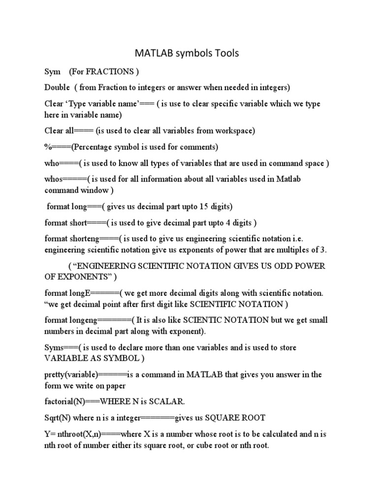 MATLAB Symbols Tools Notations | PDF