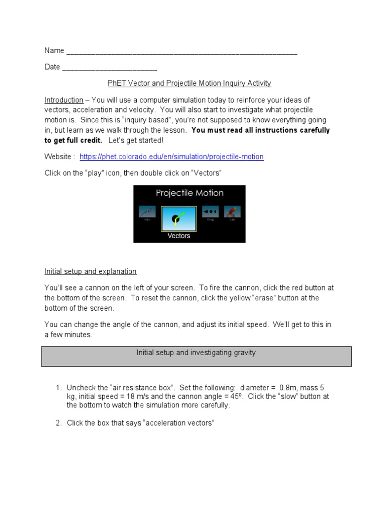 Phet exploring vectors and projectile motion pdf acceleration