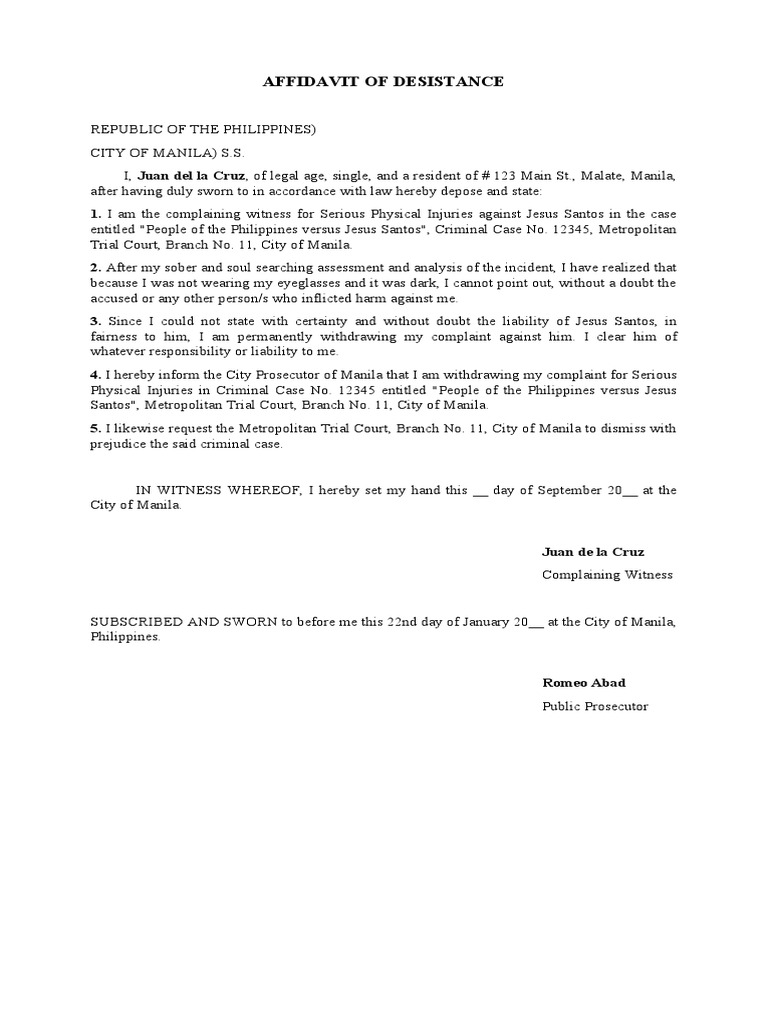 Affidavit of Desistance Examples | PDF | Affidavit | Prosecutor