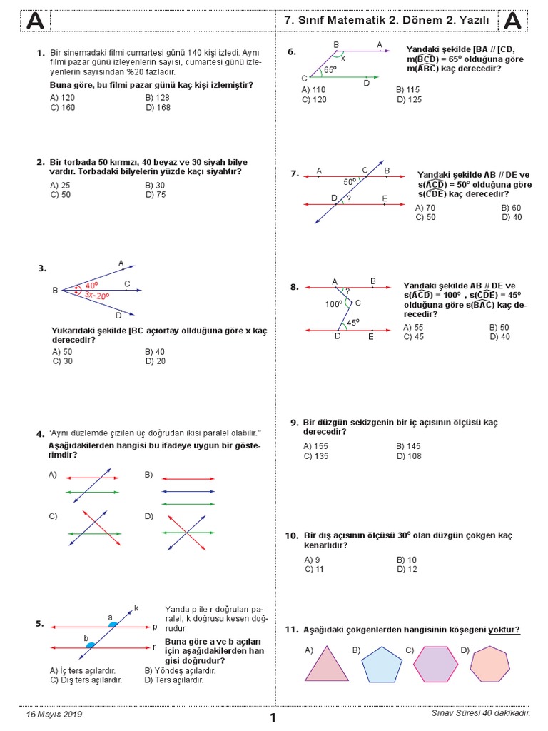 7 sınıf matematik 2 dönem 2 yazılı örnekleri meb