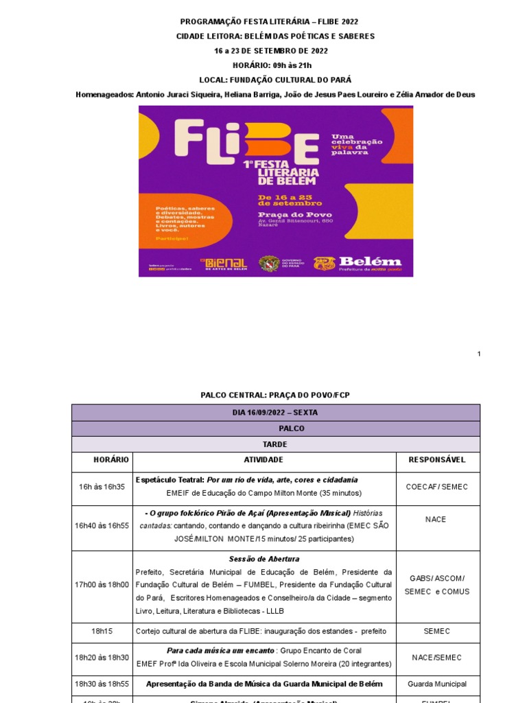 Programação FLIBE 2022 em Belém | PDF