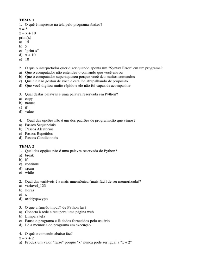Questões sobre Comandos em Python | PDF | Python (linguagem de ...