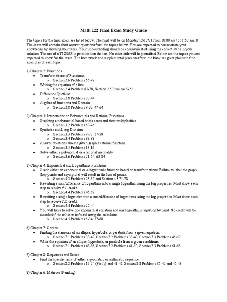 Math 122 Final Exam Study Guide Pdf Polynomial Function Mathematics