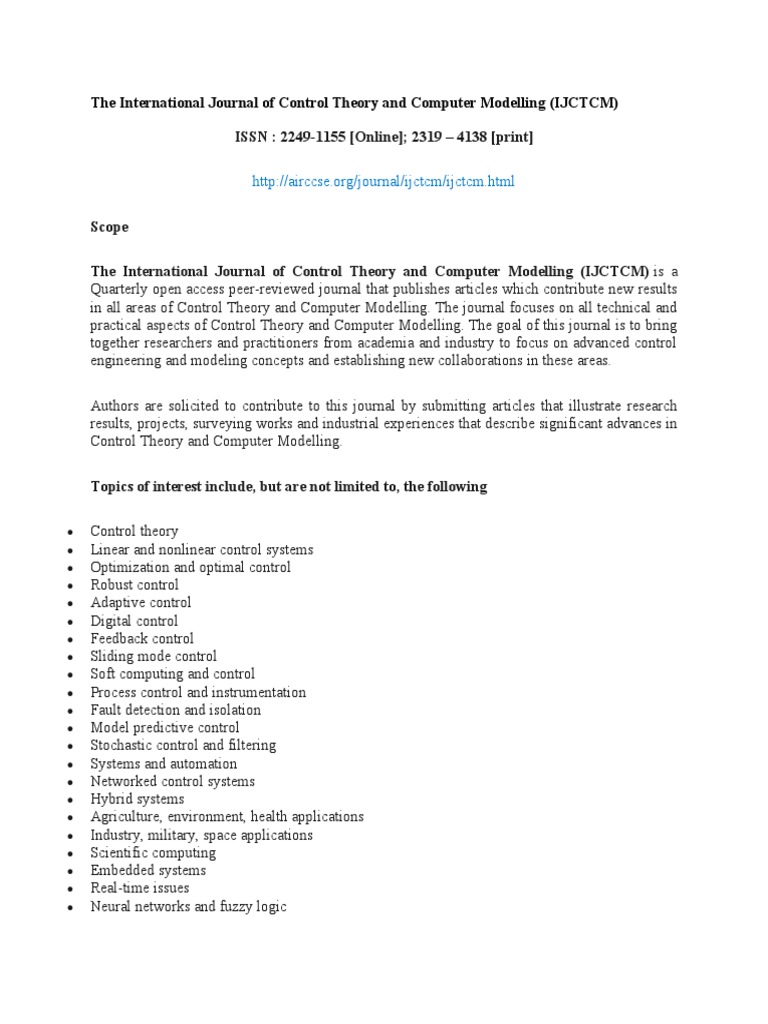 International Journal of Control Theory and Computer Modelling (IJCTCM ...