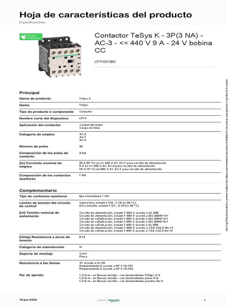 TeSys K Contactors - LP1K0910BD | PDF | Ingenieria Eléctrica | Electricidad