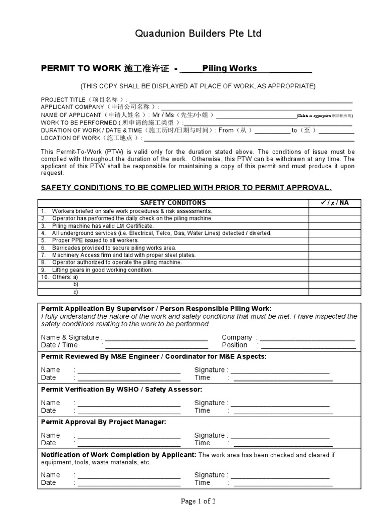 Piling Work Safety Permit Checklist | PDF | Safety