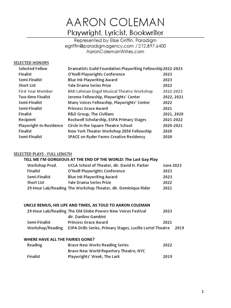 Aaron Coleman Playwright Resume - 1720729223