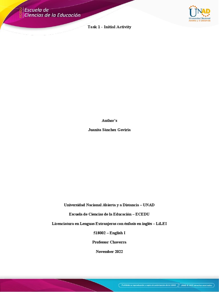 Actividad Inicial de Inglés I UNAD | PDF