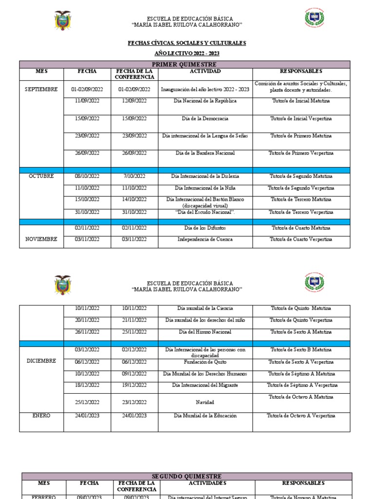 Fechas Civicas, Sociales y Culturales 2022 2023 Actualizada PDF