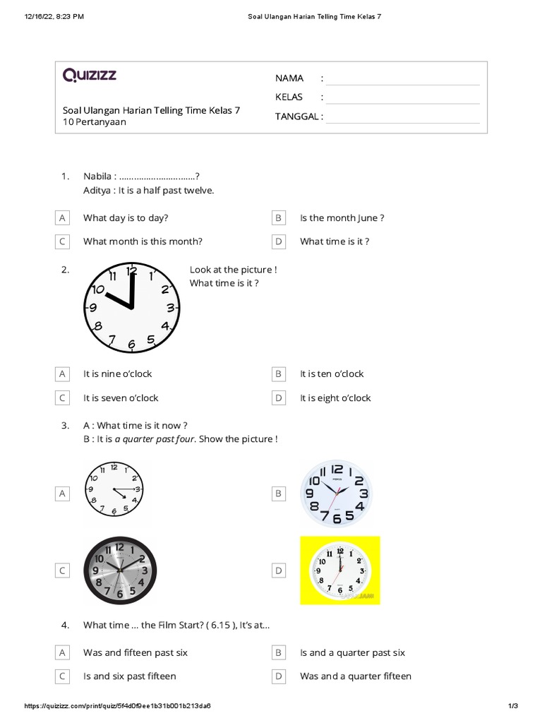 Telling Time Practice Test Questions for 7th Grade Students on Reading