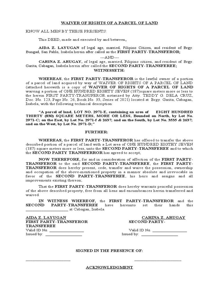 Waiver of Land Rights Agreement | PDF | Civil Law (Legal System) | Law ...