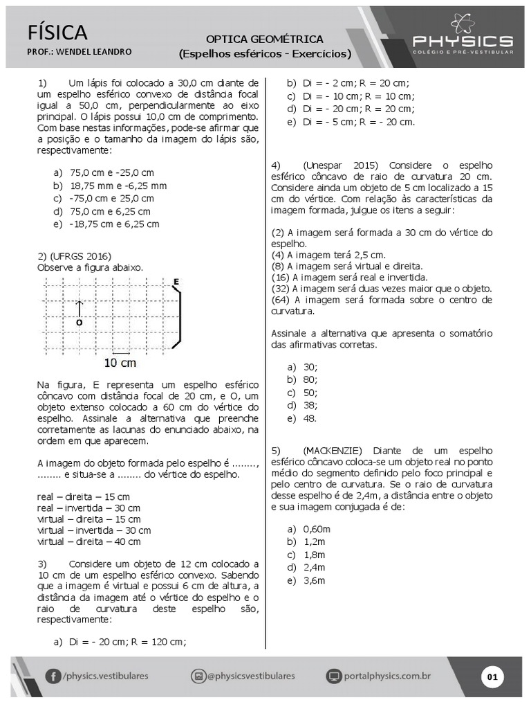 Exercícios sobre Espelhos Esféricos | PDF | Espelho | Atômica