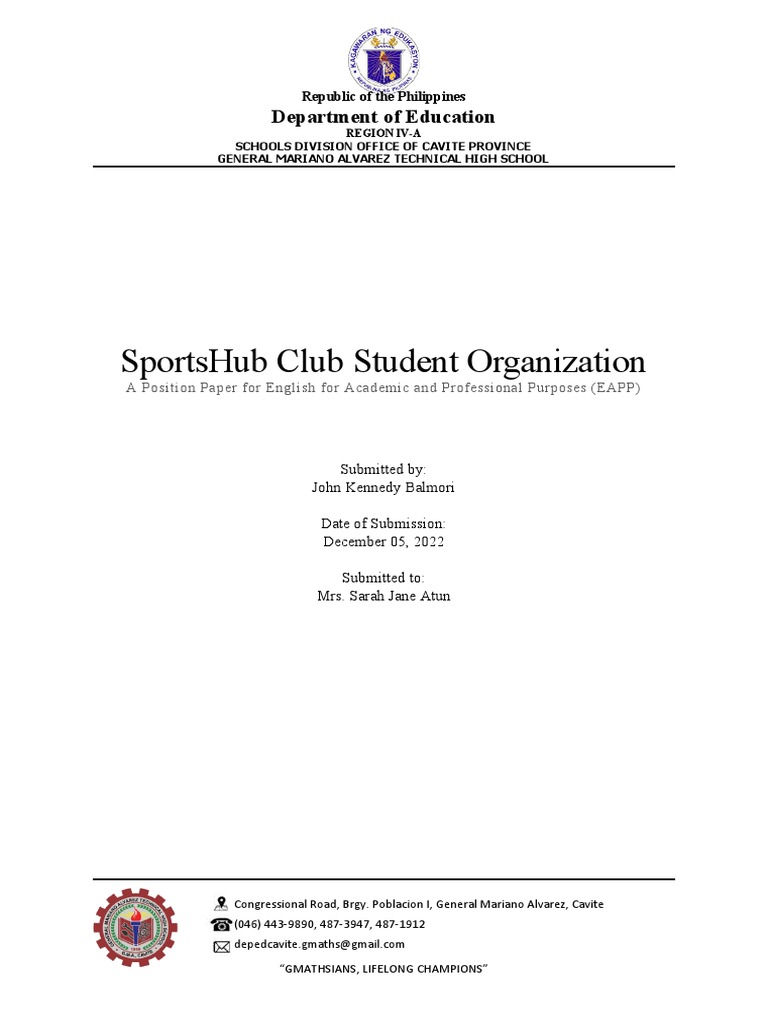 SportsHub Club Position Paper | PDF | Physical Fitness | Mental Health