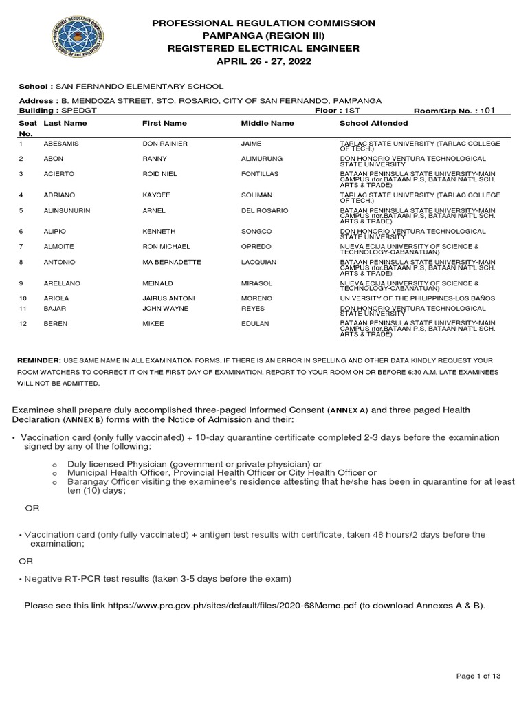Room Assignment Registered Electrical Engineer Pampanga (Region III