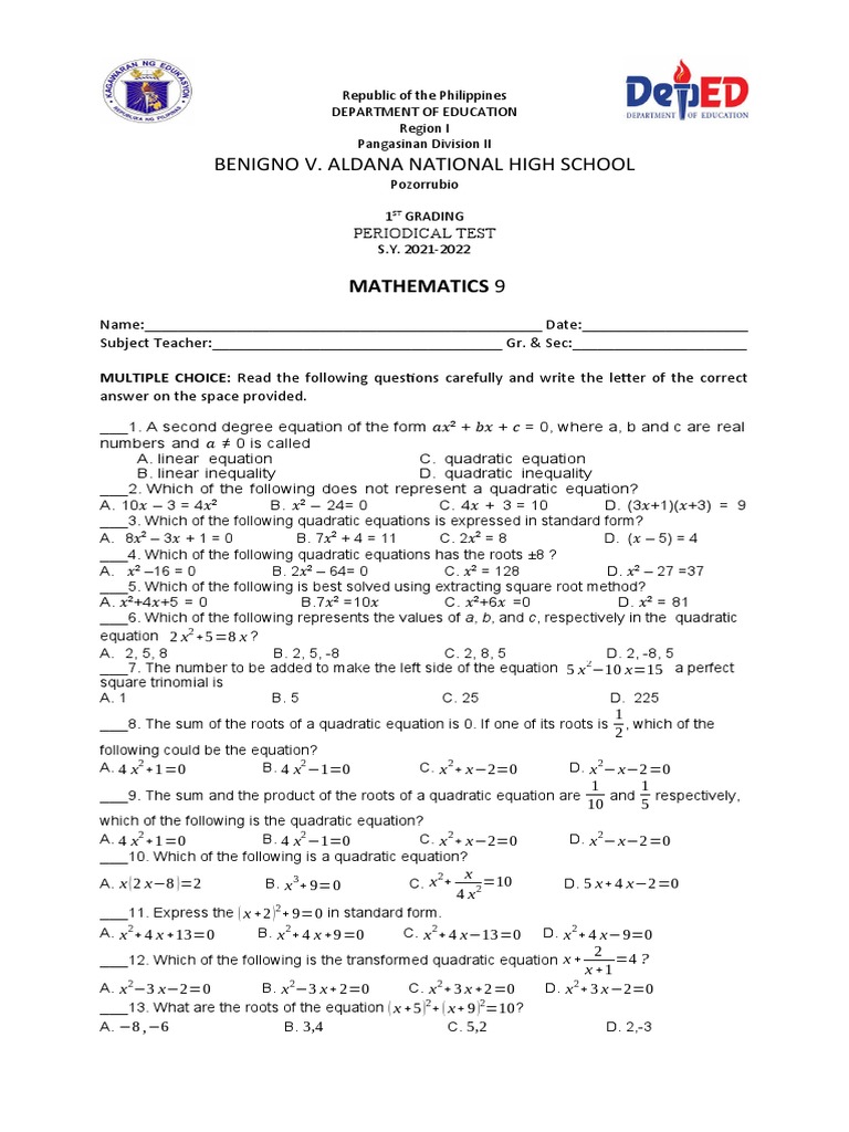 Grade 9 Math 1st Quarter Test | PDF | Quadratic Equation | Mathematical ...