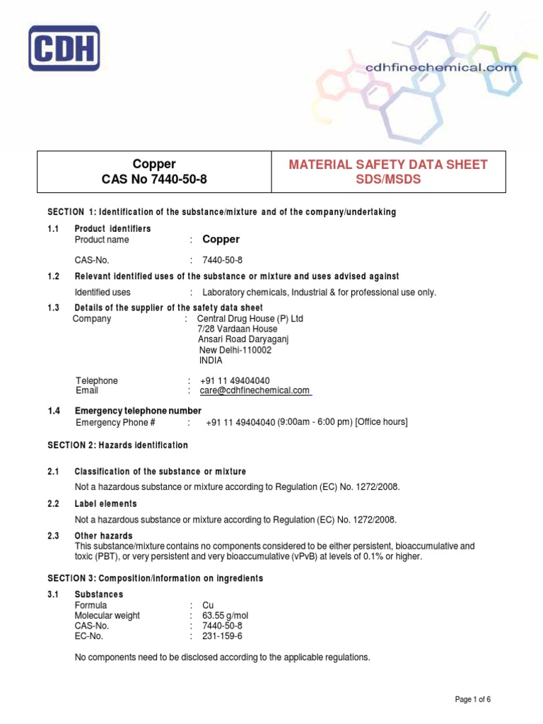 Copper CASNO 7440 50 8 MSDS PDF Dangerous Goods Chemistry