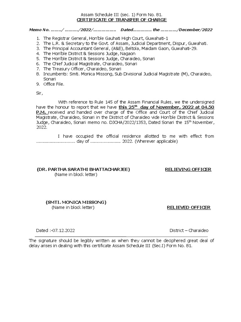 CERTIFICATE OF TRANSFER OF CHARGE M. Missong | PDF